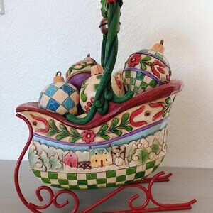 🎄🎅EEUC JIM SHORE RESIN SLEIGH WITH 5 CHRISTMAS ORNAMENTS DECORATION HOLIDAY